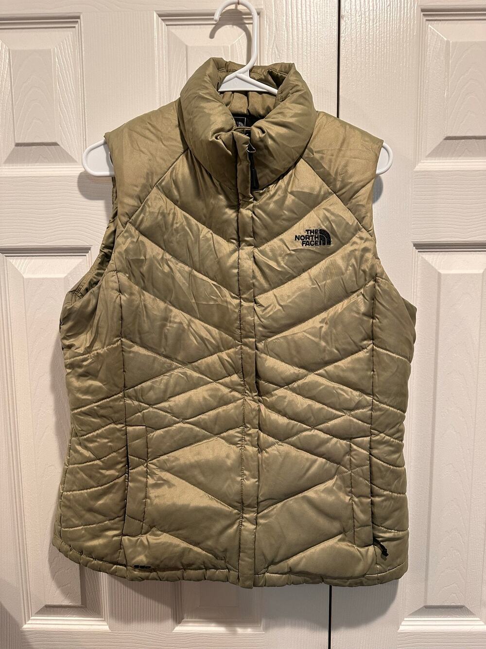 The North Face 550 Down Puffer Vest Olive Gold Metallic Quilting Womens Sz L⁠